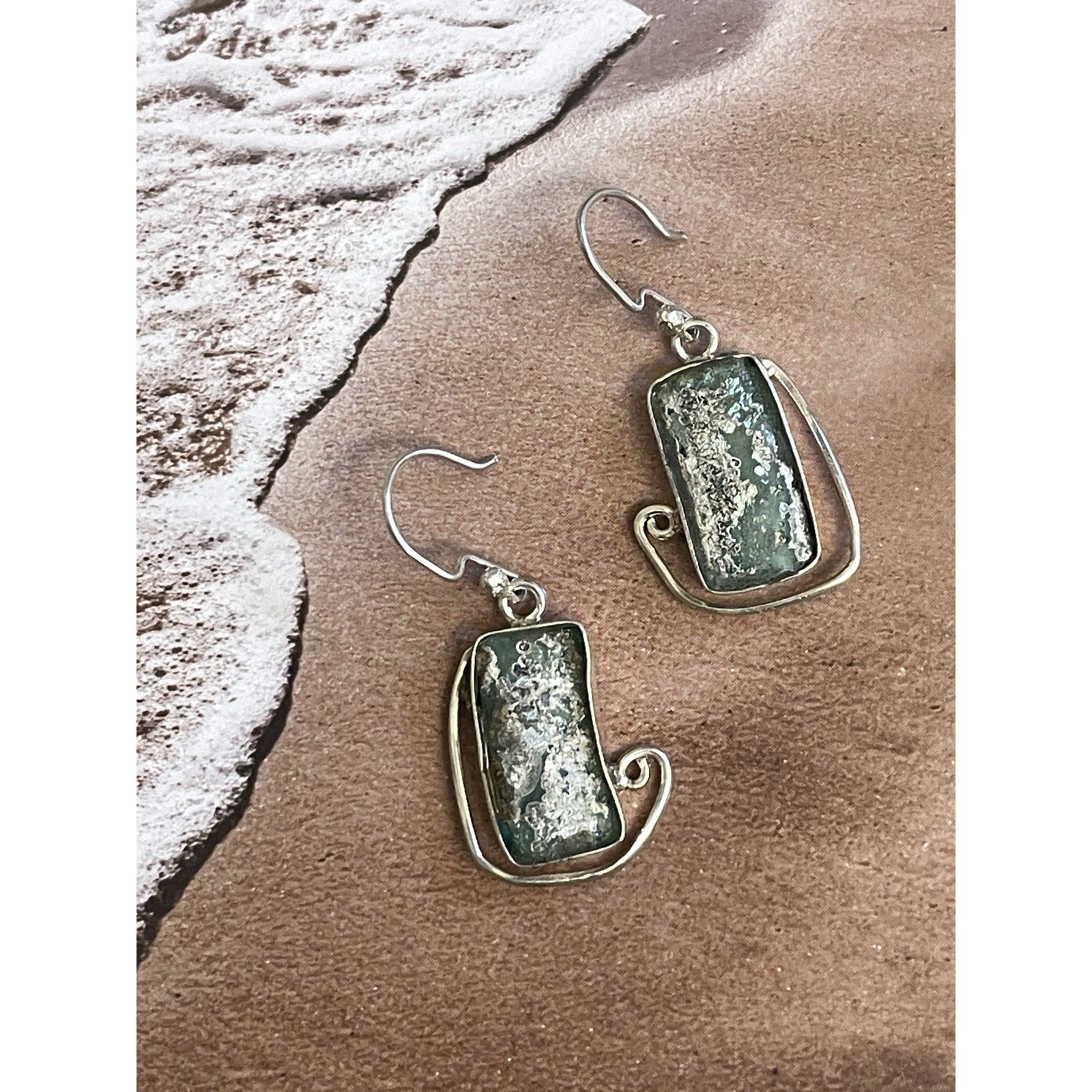 Sterling Silver Roman Glass Drop Earrings Women Os Green Silver